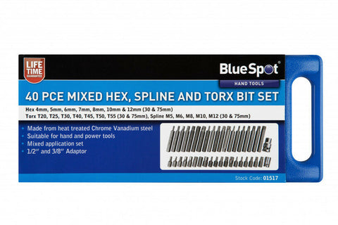 40 Pce 1/2" & 3/8" Mixed Hex, Spline and Torx Bit Set 01517