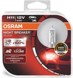 OSRAM NIGHT BREAKER SILVER H11, +100% more brightness, halogen headlamp, 64211NBS-HCB, 12V, passenger car, duo box (2 lamps)