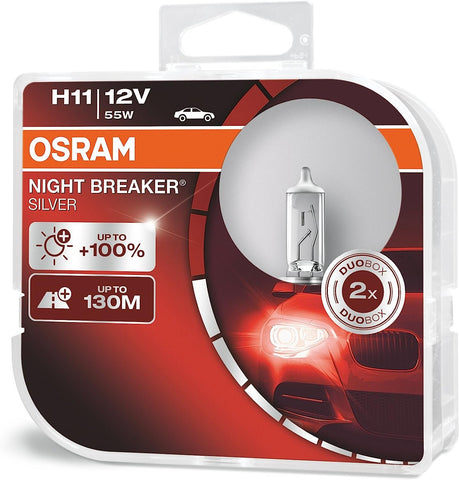 OSRAM NIGHT BREAKER SILVER H11, +100% more brightness, halogen headlamp, 64211NBS-HCB, 12V, passenger car, duo box (2 lamps)