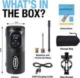 Ring Automotive - RTC2000 Digital Rechargeable Cordless Tyre Inflator Air Compressor and Electric Bike Pump with Pressure Gauge Memory LED Light Powerbank and Adaptor kit, Black