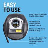 Ring Automotive - RTC1000 12V rapid tyre inflator air compressor car pump with preset digital pressure gauge, memory function, 2 min inflation, LED light, carry case, valve adaptor kit