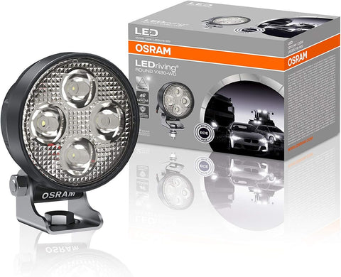OSRAM LEDriving ROUND VX80-WD, LED driving lights for near field/close-range lighting, wide, 1150 lumens, light beam up to 240 m, LED spot light 12V/24V, ECE approval