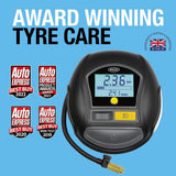 Ring Automotive - RTC1000 12V rapid tyre inflator air compressor car pump with preset digital pressure gauge, memory function, 2 min inflation, LED light, carry case, valve adaptor kit