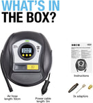 Ring Automotive - RTC1000 12V rapid tyre inflator air compressor car pump with preset digital pressure gauge, memory function, 2 min inflation, LED light, carry case, valve adaptor kit