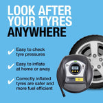 Ring Automotive - RTC1000 12V rapid tyre inflator air compressor car pump with preset digital pressure gauge, memory function, 2 min inflation, LED light, carry case, valve adaptor kit