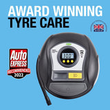 Ring Automotive - RTC1000 12V rapid tyre inflator air compressor car pump with preset digital pressure gauge, memory function, 2 min inflation, LED light, carry case, valve adaptor kit